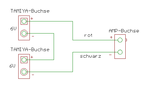 Schaltplan Adapterkabel 2x6V (Tamiya) auf 12V (AMP)